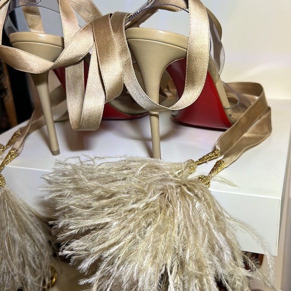 Louboutin Marie Edwina 100 Nude stilettos ribbon ostrich feathers pvc naked  1 - Picture 5 of 14